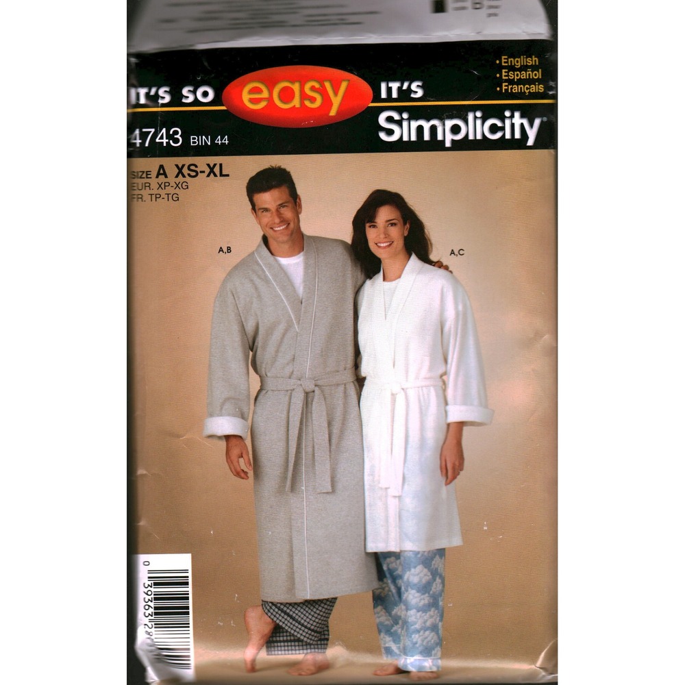 Simplicity 4743 Sewing Pattern Unisex Robe 2 Lengths and Pants Size XS-XL cut